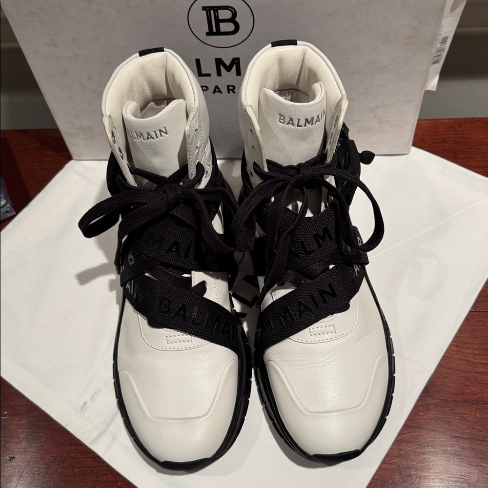 BALMAIN PARIS B TROOP HI-TOP SNEAKERS IN WHITE LEATHER W/BLACK LACES STRAPS EU40 - Picture 3 of 15